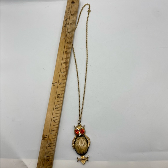 Vintage Avon owl gold necklace dried feather orange gem eye jewels jewelry - Picture 2 of 4